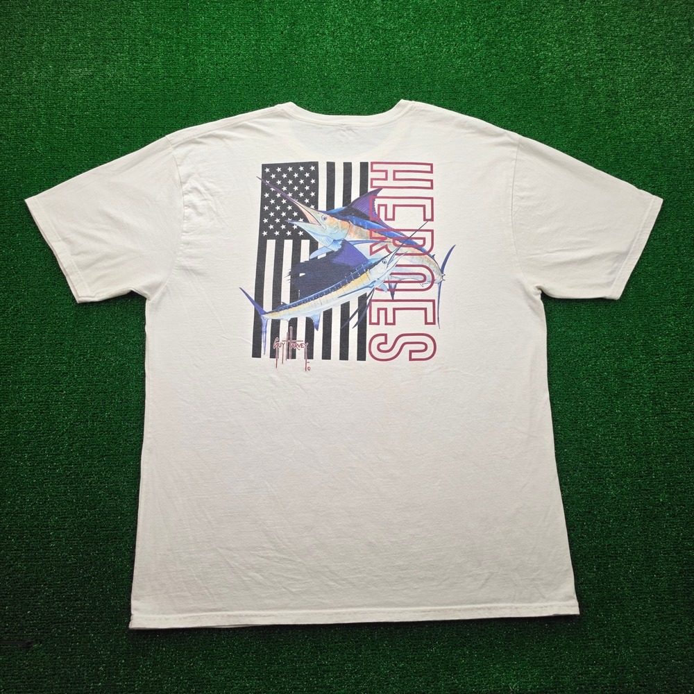 Guy Harvey Military Heroes Marlin Graphic Tshirt Mens XL White Fishing Flag